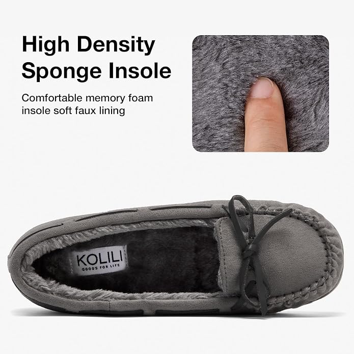 KOLILI Womens Faux Fur Moccasin Slippers, Indoor Outdoor Warm & Cozy House Shoes with Durable Rubber Sole