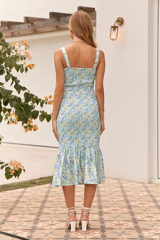 PRETTYGARDEN Women's Summer Floral Midi Tank Dress Sleeveless Strappy Ruffle Hem Smocked Bodycon Dresses