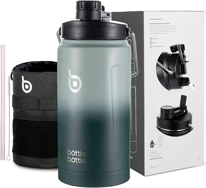 BOTTLE BOTTLE Insulated Water Bottle 64 oz with Straw and Dual-use Lid Half Gallon Water Jug Vacuum Stainless Steel for Workout and Sports Insulated Beer Growler with Handle Green Gradient