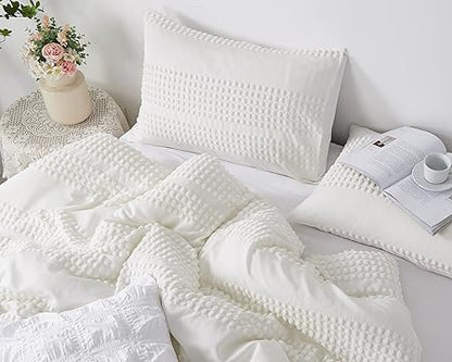 Cupocupa King Size Comforter Set;White Boho Tufted Lightweight Bedding Sets 3PCS Soft Jacquard Pom Pom Comforter with 2 Pillow Cases for All Season