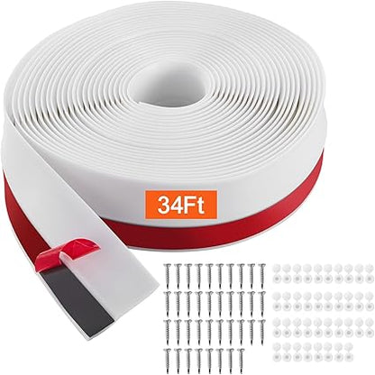 VEVOR Garage Door Seal Top and Sides Seal Strip, 34 FT Universal Weather Stripping Replacement Soft and Hard Composite, Weatherproofing Garage Door TPE Seals with Adhesive Backed and Screws, White