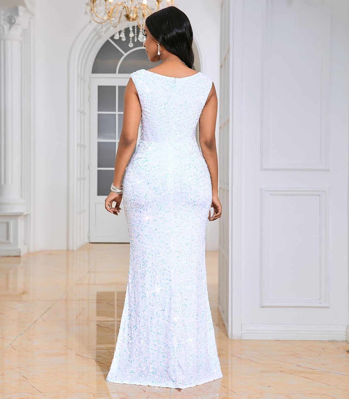 Women’s Sequin Evening Gown – Elegant Sleeveless V Neck Mermaid Formal Maxi Dress for Wedding, Prom or Party