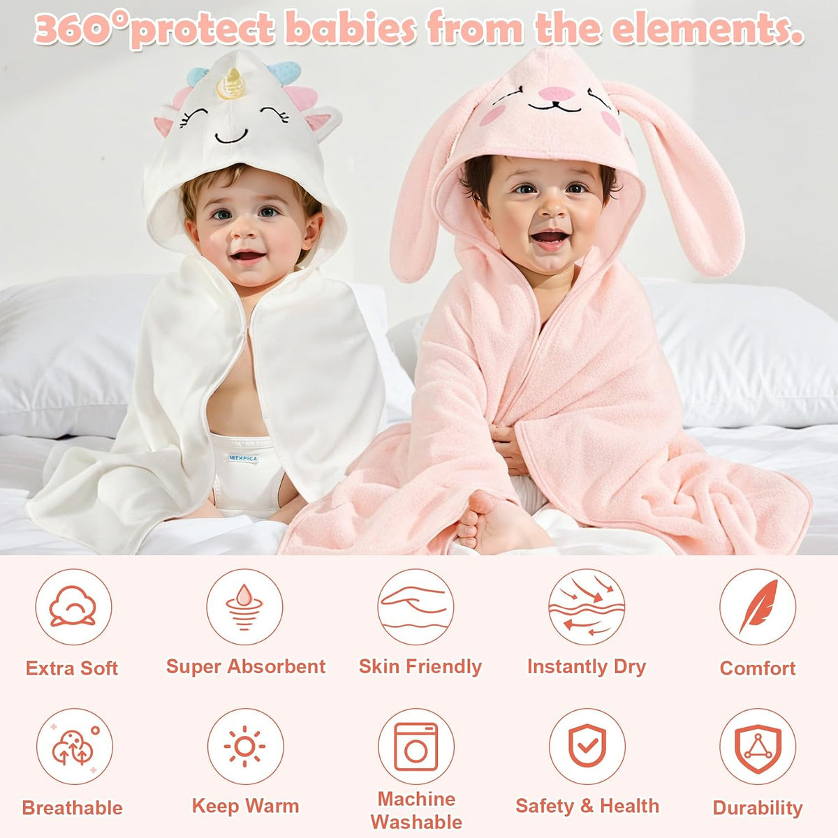 CandyHome 12 PCS Baby Bath Towels for Infants Toddlers, 4 PCS Animal Hooded Baby Towels & 8 PCS Washcloths Set, Ultra Absorbent Soft Cute Newborn Bath Essential Gifts for Boys & Girls