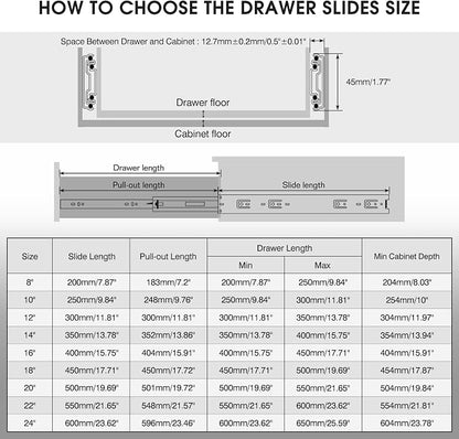 1 Pair Full Extension Drawer Slides 8 10 12 14 16 18 20 22 24 Inch 100 lb Load Capacity Side Mount Ball Bearing Rails Cabinet Dresser Glides Wardrobe Kitchen Trash Can Slider Runners Silver