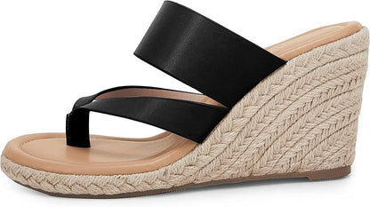 Coutgo Women's Espadrille Wedge Sandals Platform Thong Leather Strap Slides Backless Slip On Summer Casual Flip Flops