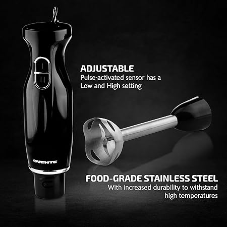 OVENTE Immersion Hand Blender, 300W Electric Handheld Portable Stick Mixer with 2 Mixing Speed and Stainless Steel Blades for Effortless Blending Smoothies, Shakes, Puree or Baby Food, Black HS560B