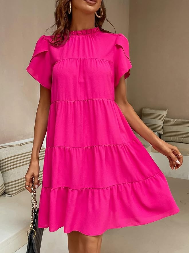 METOES Women's Summer Short Sleeve Short Dress Ruffle Hem Dress