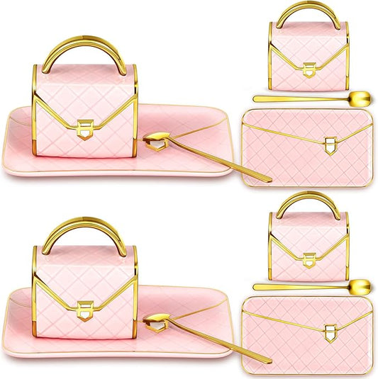 Zubebe 4 Sets Coffee Mug Elegant Handbag Shaped Cup Modern Ceramic Purse Mug with Spoon and Saucer, 10oz Cute Creative Tea Cup for Office Home Woman Girls Gift (Pink)