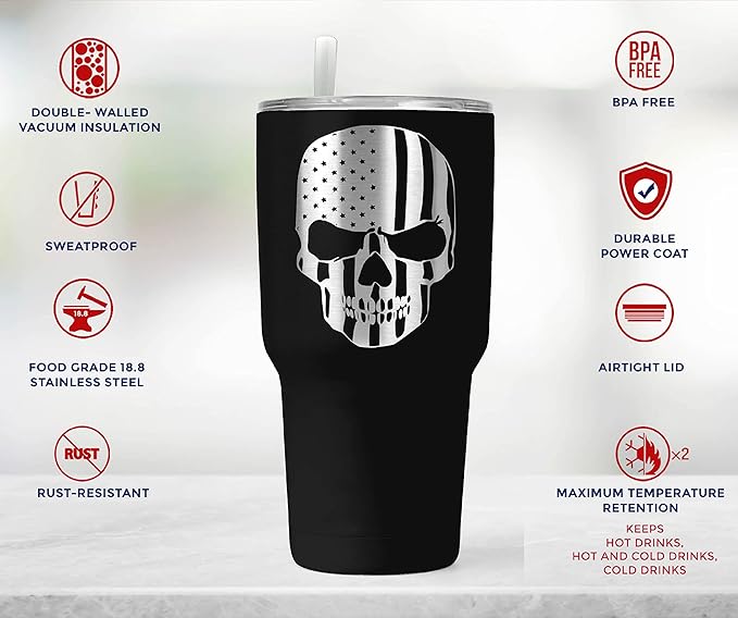 American Flag Skull 30oz Patriotic Tumbler - American Flag Tumbler Travel Mug - Patriotic Coffee Travel Mug - Double Insulated 30oz Tumbler - Engraved in the USA - (Skull Flag)