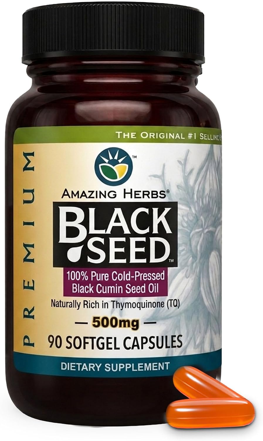 Amazing Herbs Premium Black Seed Oil Capsules - Gluten Free, Non GMO, Cold Pressed Nigella Sativa Aids in Digestive Health, Immune Support- 90 Count, (Pack of 1)