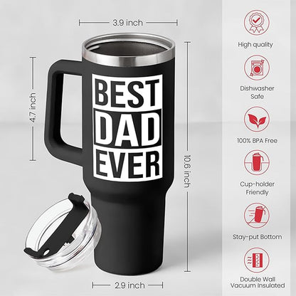 SANDJEST Dad Gifts for Dad from Daughter Son Best Dad Ever Tumbler with Handle 40oz Stainless Steel Insulated - Coffee Tumbler for Dad Father's Day Birthday Christmas Cup Gift Set with Lid  Straw