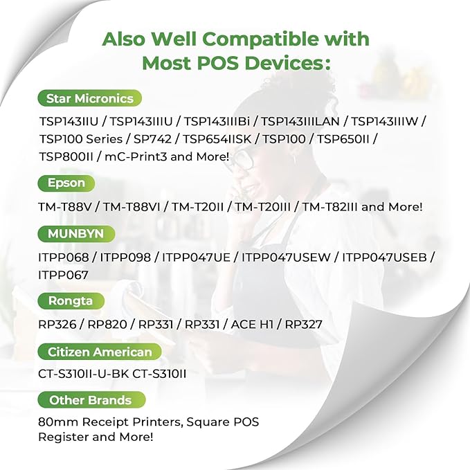 MUNBYN Thermal Paper 3 1/8 x 230ft, 10 Rolls Receipt Paper Work for Star Micronics TSP100 TSP143 Epson 80mm Receipt Printer Square POS Register, 80mm Thermal Receipt Paper, BPA Free, Plus Version