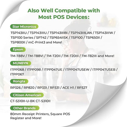MUNBYN Thermal Paper 3 1/8 x 230ft, 10 Rolls Receipt Paper Work for Star Micronics TSP100 TSP143 Epson 80mm Receipt Printer Square POS Register, 80mm Thermal Receipt Paper, BPA Free, Plus Version