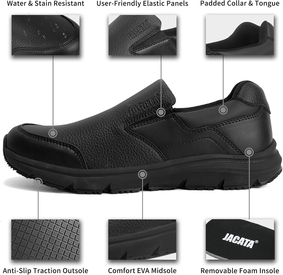 Jacata Non Slip Black Work Shoes for Men Food Service Mens Water Slip Resistant Leather Slip on Chef Walking Shoes for Restaurant Kitchen Sneakers