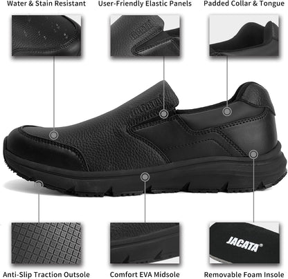 Jacata Non Slip Black Work Shoes for Men Food Service Mens Water Slip Resistant Leather Slip on Chef Walking Shoes for Restaurant Kitchen Sneakers