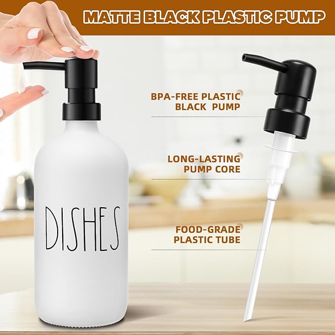 Dish Soap Dispenser, Matte White Soap Dispenser for Kitchen, Glass Dishes Soap Dispenser with Plastic Pump, 17 Fl Oz Refillable Liquid Soap Bottle Container, Farmhouse Kitchen Decor