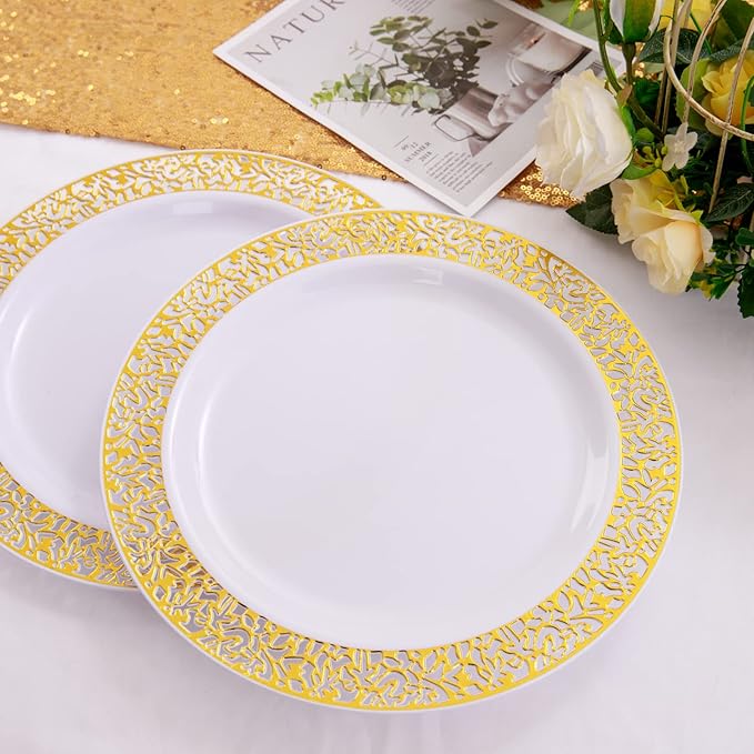 supernal 100pcs Gold Plastic Plates, 10.25" Plastic Dinner Plates, White Plastic Plates with Gold Rim,Gold Lace Plates,Gold Plastic Plates for Weddings Celebrations and Parties