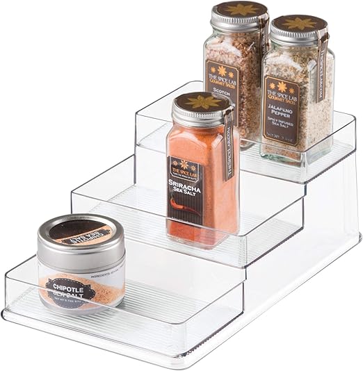iDesign Recycled Plastic 3-Tier Stadium Spice Rack Organizer for Kitchen, Fridge, Freezer, Pantry and Cabinet Organization, The Linus Collection  6.25" x 4" x 1.25", Clear