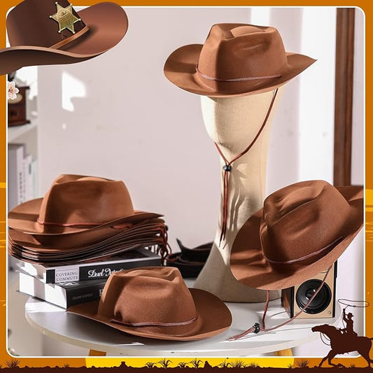 Mepase 24 Pieces Disposable Plastic Western Cowboy Hat Set Felt Wide Brimmed Cowgirl Party Hats for Men Women Adult Costume Party(Brown)