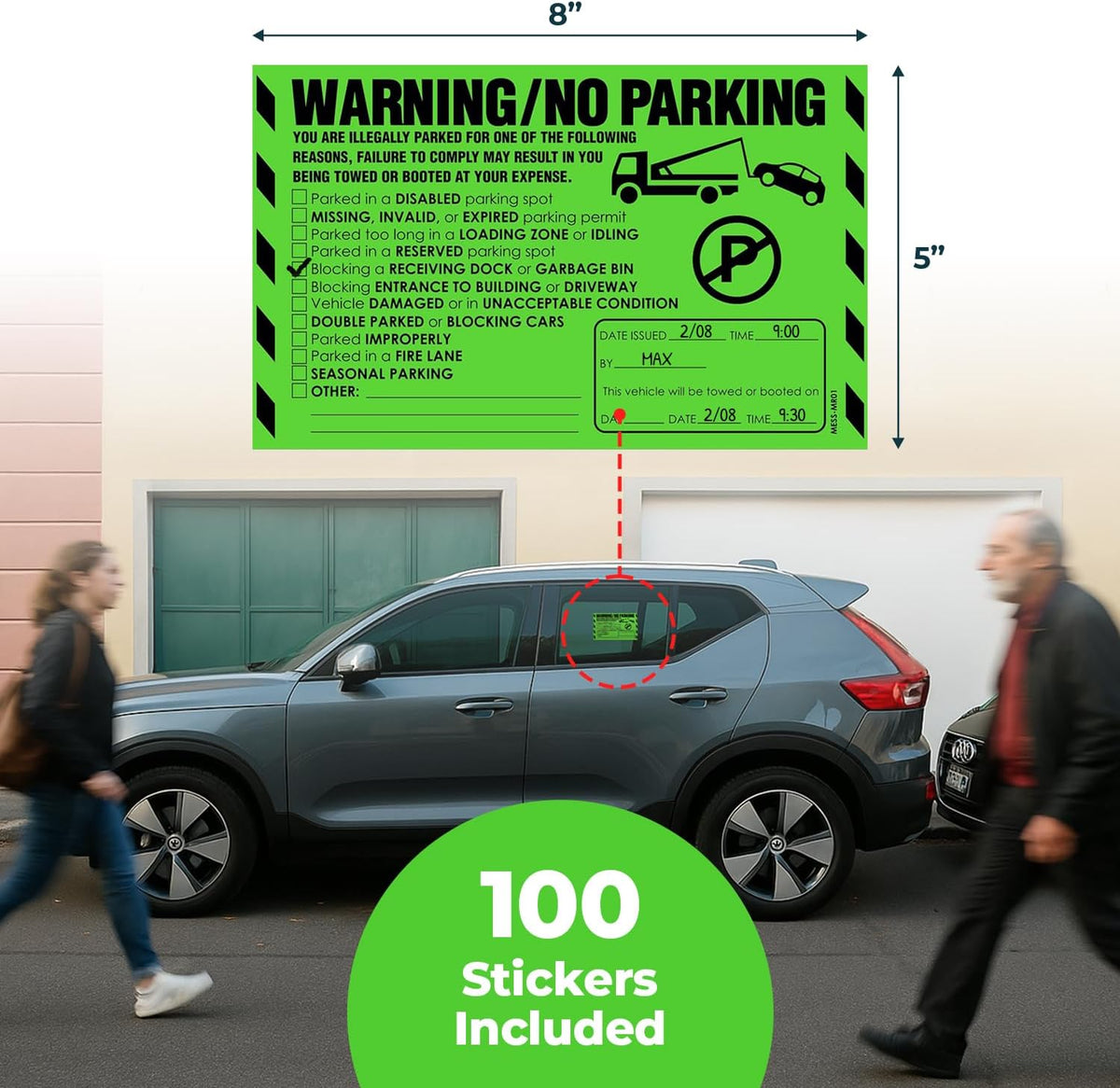 95 MESS Parking Violation Stickers 8x5 in – Green Multi-Reason Warning Labels for Towing & Improper Parking – Super Sticky & Hard to Remove