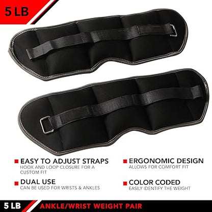 JFIT Adjustable Ankle Weights - Ankle Weight Pair 10 Weight and Bundle Options - 0.5 to 10 lbs Each, Set of 2, Adjustable Straps  Comfortable, Breathable, Moisture Absorbent Weight Straps for Men and Women