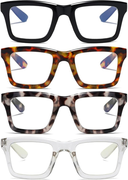 4 Pack Oprah Style Reading Glasses for Women Men Blue Light Blocking Computer Square Metal Spring Readers
