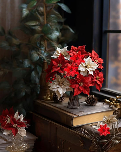 Artificial Poinsettias Christmas Flowers, 12 Pcs Fake Christmas Flowers with Clips and Stems for Wreath Garland, Wedding, Holiday Christmas Tree Ornaments Decor