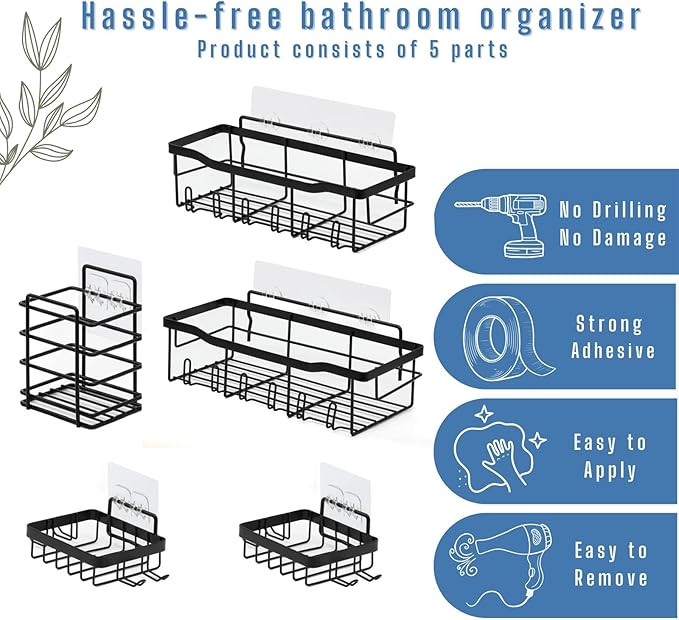 Shower Caddy Bathroom Organizers and Storage, Tile Shower Organizer 5 Pack Bathroom Set | Shower Storage Organizer Stainless Steel With Large Capacity (Set of 5), Black