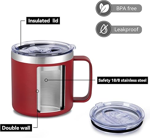 VEGOND 14 oz Insulated Coffee Mug with Handle, Stainless Steel Travel Coffee Mug with Lid, Double Wall Vacuum Metal Coffee Cup, Coffee Tumbler Powder Coated, Red 1 Pack