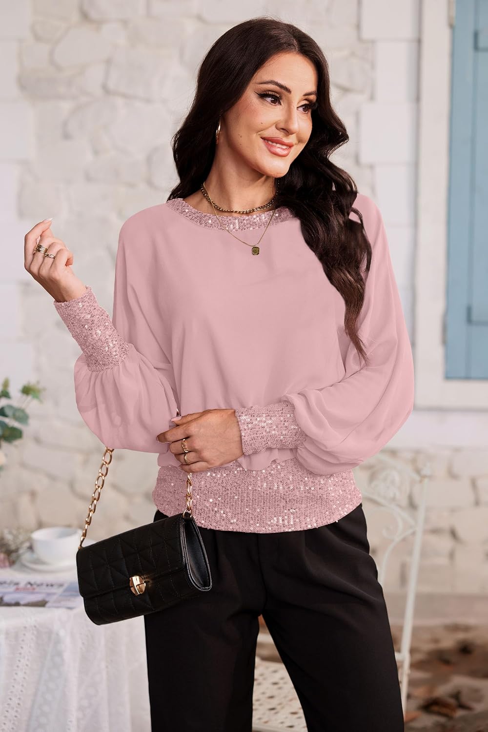 For G and PL Women's Dressy Sequin Formal Wedding Top Cocktail Party Shirt | Sequined Sparkle Sparkly Glitter Glitzy Shimmery Bling Beaded Elegant Fancy Evening Blouse Tunic