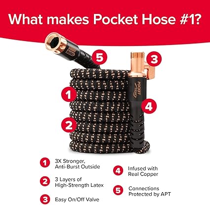 Pocket Hose Copper Bullet Expandable Garden Hose 75 FT w10 Pattern Thumb Spray Nozzle AS-SEEN-ON-TV 650psi 34 in Patented Lead-Free Ultra-Lightweight Solid Copper Anodized Aluminum Fittings No-Kink