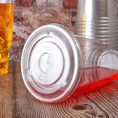 Disposable 32 oz clear Plastic Cups with Flat Lids with x hole,50 sets