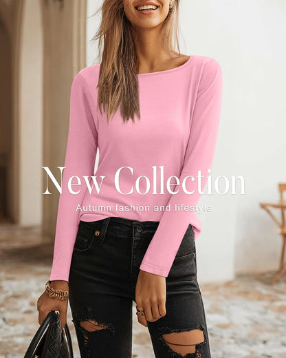 Neer 4 Pack Women's Long Sleeve Shirts Boat Neck Loose Fit Tunic Tops Casual Basic Layer Clothes for Ladies Outfits
