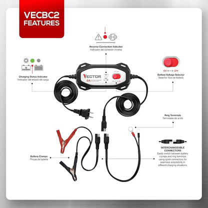 Vector VECBC2 2 Amp Battery Charger/Maintainer with 6V/12V Selector