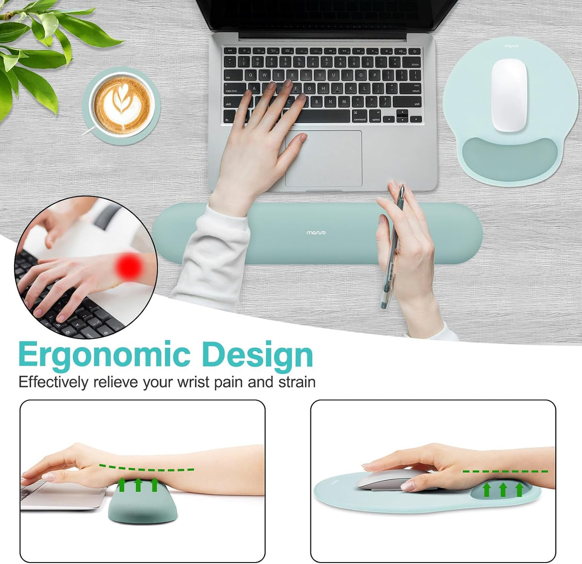 MOSISO Wrist Rest Support for Mouse Pad&Keyboard Set, Circle Curved Ergonomic Mousepad Non-Slip Base Home/Office Pain Relief&Easy Typing Pad with Soft Cloth&Silicone Lining, Aquamarine