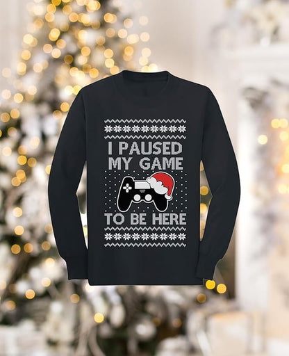 Tstars Gaming Boys Ugly Christmas Shirt I Paused My Game to Be Here Xmas Holiday Long Sleeve T-Shirt for Youth Kids
