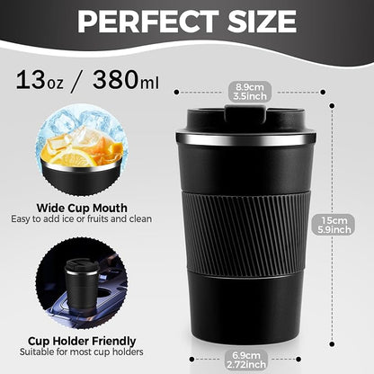 13 oz Stainless Steel Insulated Travel Coffee Mug with Fip Lid,Reusable Double Wall Vacuum Metal Coffee Cup,Portable to Go Leak Proof Cafe Thermal Tumbler for Hot & Cold Drinks(Black,1)