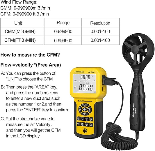 HVAC Anemometer Handheld CFM Pro HVAC Anemometer AP-846A Wind Speed Meter with Backlight Max/Min/Avg Functions for Measuring Wind Speed Air Velocity HVAC Air Flow Meter