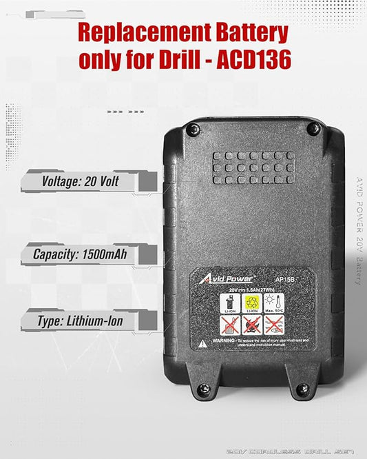 AVID POWER Rechargeable 20V lithium-ion battery MAX 1.5 Ah with real-time capacity indicator, only compatible with 20V cordless drill - ACD136