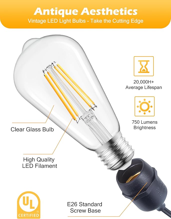 Brightown 6 Pack LED Edison Light Bulbs, 6W, Equivalent 60W, High Bright 2700K Warm White,750 Lumens, Non-Dimmable, E26 Base ST58 Antique Filament Bulbs with 80 CRI for Ceiling Fan Bathroom Porch