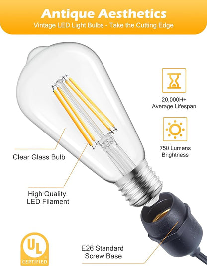 Brightown 6 Pack LED Edison Light Bulbs, 6W, Equivalent 60W, High Bright 2700K Warm White,750 Lumens, Non-Dimmable, E26 Base ST58 Antique Filament Bulbs with 80 CRI for Ceiling Fan Bathroom Porch
