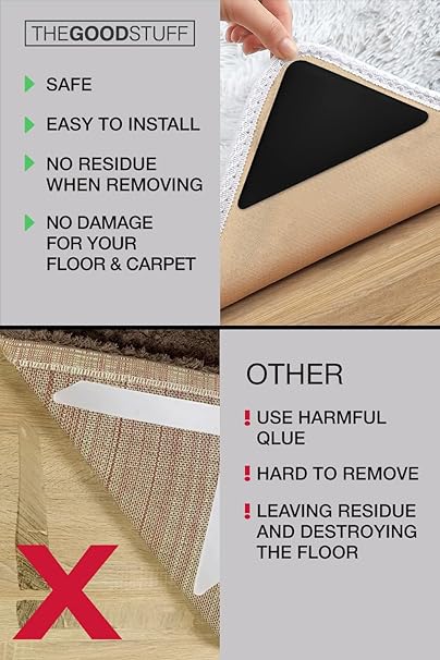 Four Rug Corner Grippers, Anti Slip Grips for Hardwood Floors, Laminate Flooring and Carpet - Hold Down Rugs and Runners to Protect Yourself and Family
