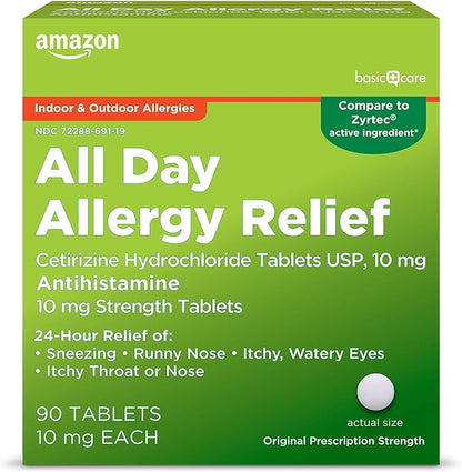 Basic Care All Day Allergy, Cetirizine Hydrochloride Tablets, 10 mg, Antihistamine, 90 Count (Packaging may vary)