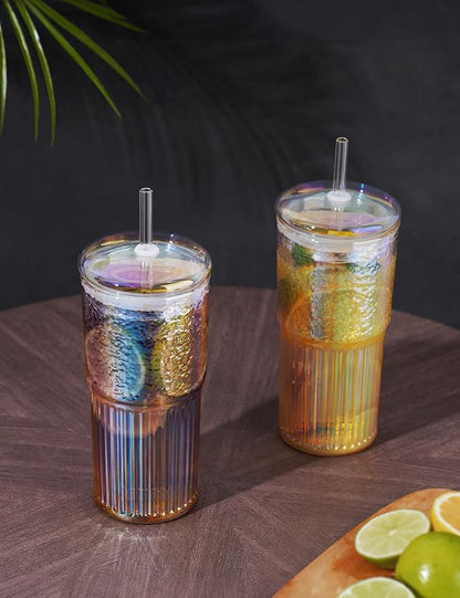 NiHome Iridescent Borosilicate Glass Tumbler Cup with Glass Lid & Straw 22oz/650ml 2-Pack, Leak-Proof Silicone Seal for Flavor Preservation, Hygienic & Dishwasher Safe, 2PCS Straw Brushes Included