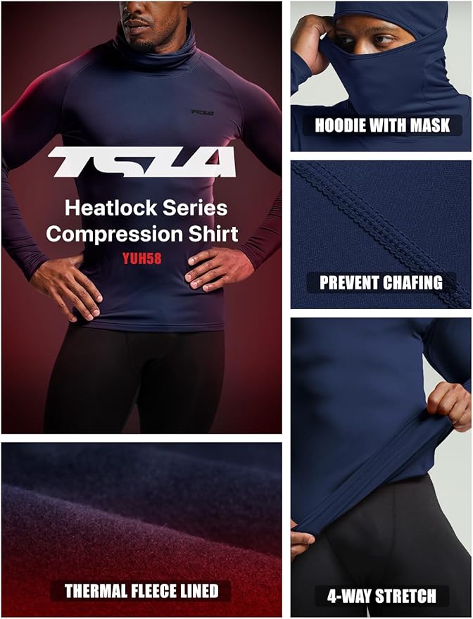 TSLA Men's Thermal Compression Shirts Hoodie with Mask, Long Sleeve Winter Sports Base Layer Top, Active Running Shirt
