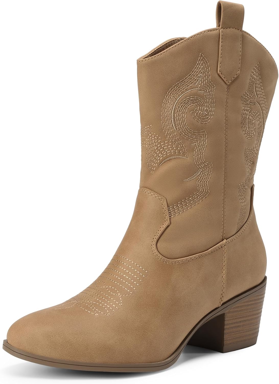 Cowboy Boots for Women, Mid Calf Cowgirl Boots with Embroidery Round Toe Western Chunky Low Heel Shoes