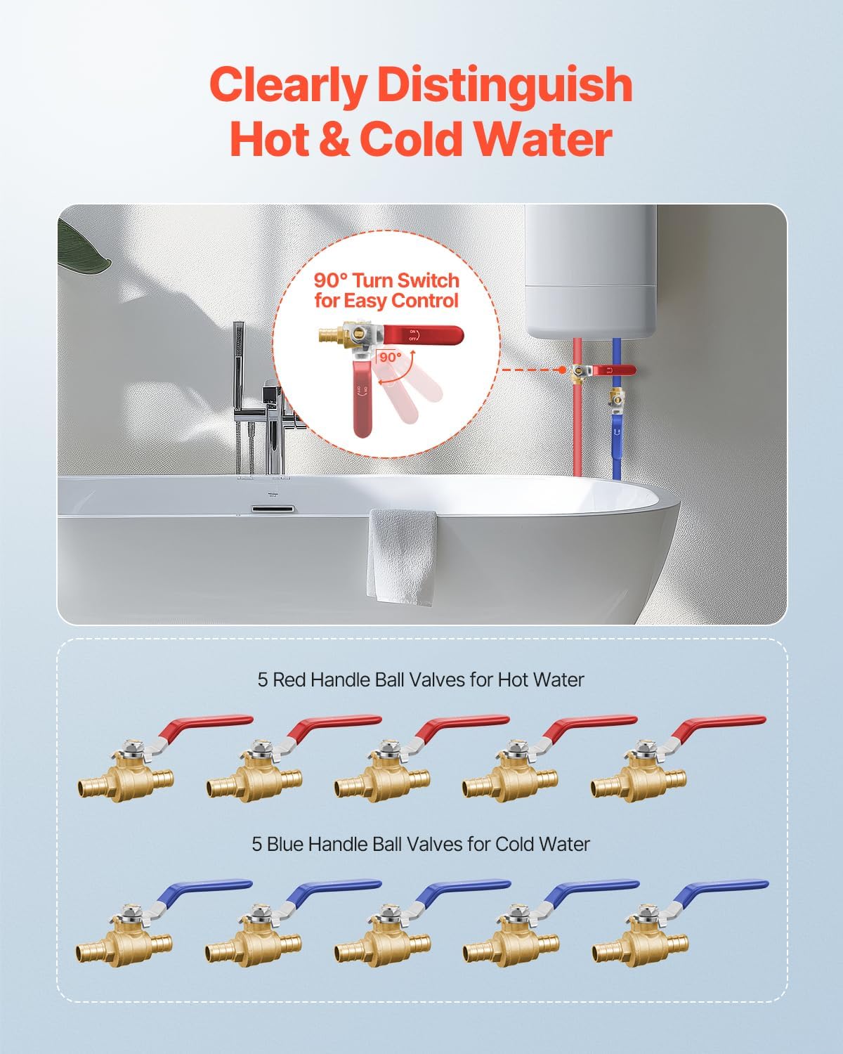 VEVOR PEX Ball Valve, 10 Pieces (5 Red, 5 Blue), 1/2 in PEX Brass Ball Valve, PEX Full Port Brass Ball Valves, Quarter Turn Hot (Red) Cold (Blue) PEX Full Port Ball Valve, for Kitchen, Hydronic Heating, Bathroom