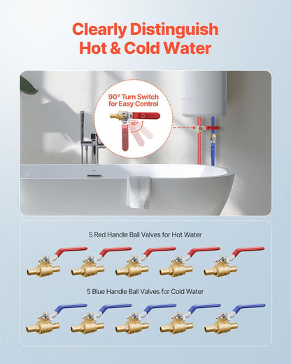 VEVOR PEX Ball Valve, 10 Pieces (5 Red, 5 Blue), 1/2 in PEX Brass Ball Valve, PEX Full Port Brass Ball Valves, Quarter Turn Hot (Red) Cold (Blue) PEX Full Port Ball Valve, for Kitchen, Hydronic Heating, Bathroom