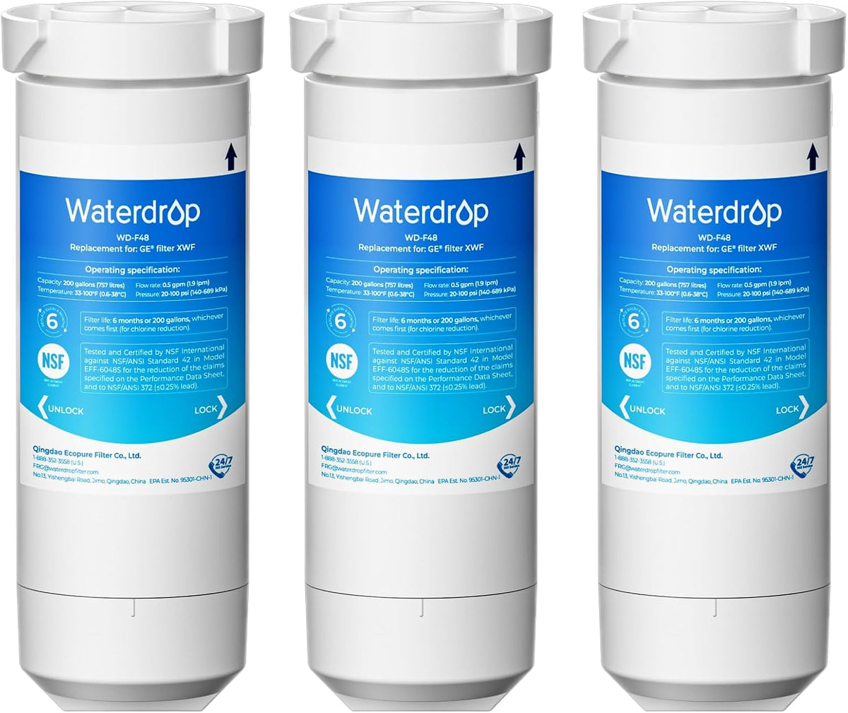 Waterdrop XWF (No-chip) Refrigerator Water Filter, Replacement for GE® WR17X30702, NSF 42/372 Certified, Compatible with GNE27, GFE26, GDE25, GSS25, PSE25 Series Refrigerators, 3-Pack (Not XWFE) ( Doesn't come with Origianl Boc )