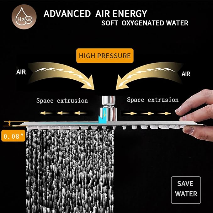 12 Inch Rain Shower Head, 12" Square Rainfall & High Pressure Stainless Steel Bath Shower Head, 1/16" Ultra Thin, Waterfall Full Body Coverage with Silicone Nozzle, Non Fingerprint Brushed Finish
